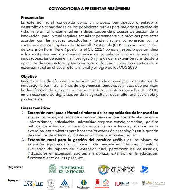 Convocatoria a presentación de Resúmenes para el VI Congreso Internacional de Extensión Rural – CIER 2024